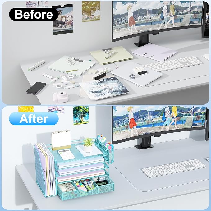 gianotter 5-Tier Desk Organizer with Drawers and File Holders | Letter Trays and Pen Holders - Workspace Accessories for Office Supplies (Blue) - Image 2