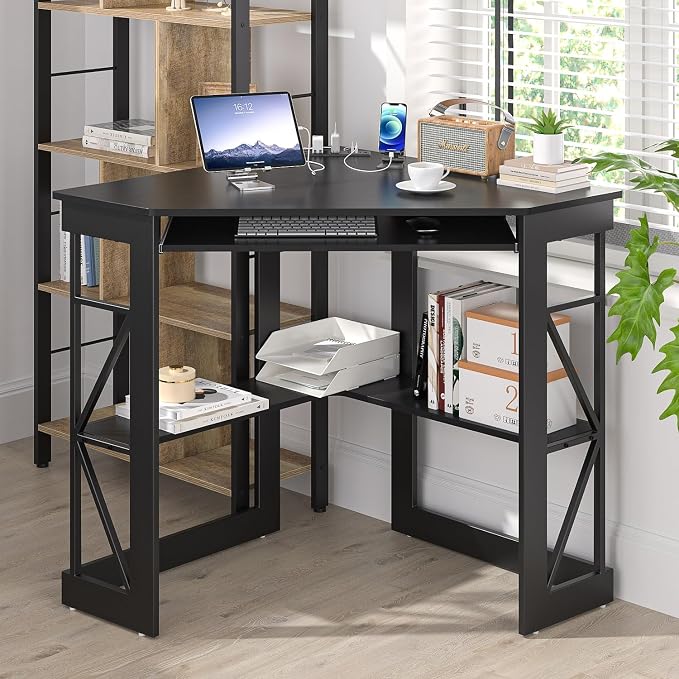 VECELO Corner Desk, Triangle Computer Desk for Small Space with Charging Station and Keyboard Tray, Corner Makeup Table with Storage Shelves for Home Office Bedroom, 41x30, Balck - Image 2