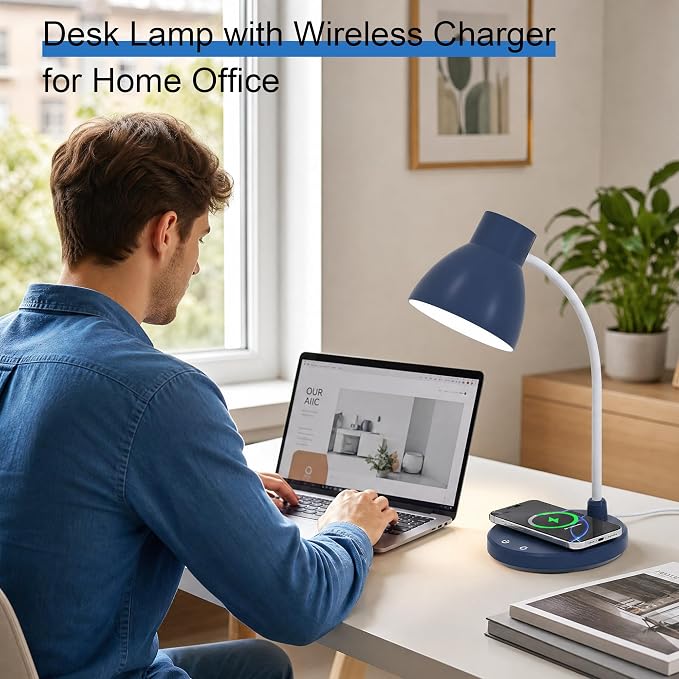 LED Desk Lamp for Home Office with Wireless Charger, Navy Blue | 3 Color Modes Dimmable Eye-Caring Study Reading Dorm Desk Lamp, 360° Flexible Arm Table Lamp for College Dorm Room, 800 Lumen - Image 6