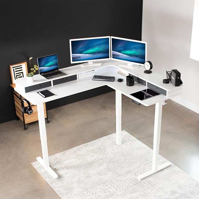 VIVO White 63 x 55 in Corner Standing Desk, DESK-E3CVW | Electric, 2-Tier, L-Shaped, Sit Stand, Height Adjustable, Memory, White Top, White Frame, Dark Gray Drawers - Image 7