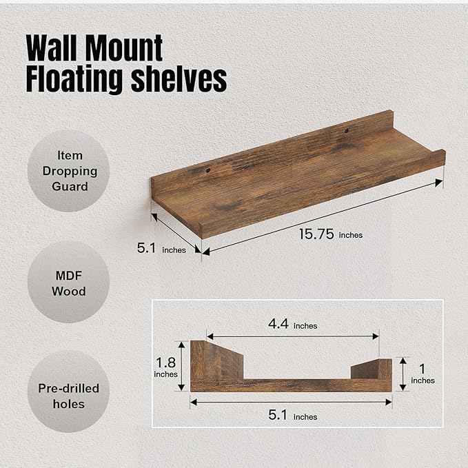 RICHER HOUSE 8 Set Floating Wall Mounted Shelves, Nursery Hanging Book Shelves with Lip for Storage, Display Picture Ledge Shelf for Bedroom Bathroom Kitchen Living Room Wall Decor, Rustic Brown | Display Picture Ledge Shelf, Anti-drop lip Shelf for Ro... - Image 3