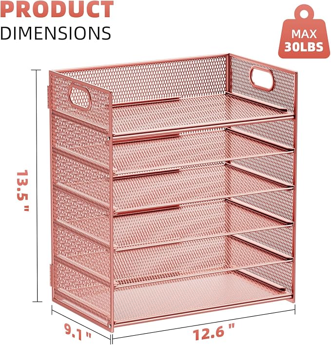 Marbrasse 6 Tier Paper Organizer Letter Tray - Mesh Desk File Organizer with Handle, Paper Sorter Organizer for Letter/A4 Office File Folder Holder - Rose Gold - Image 3