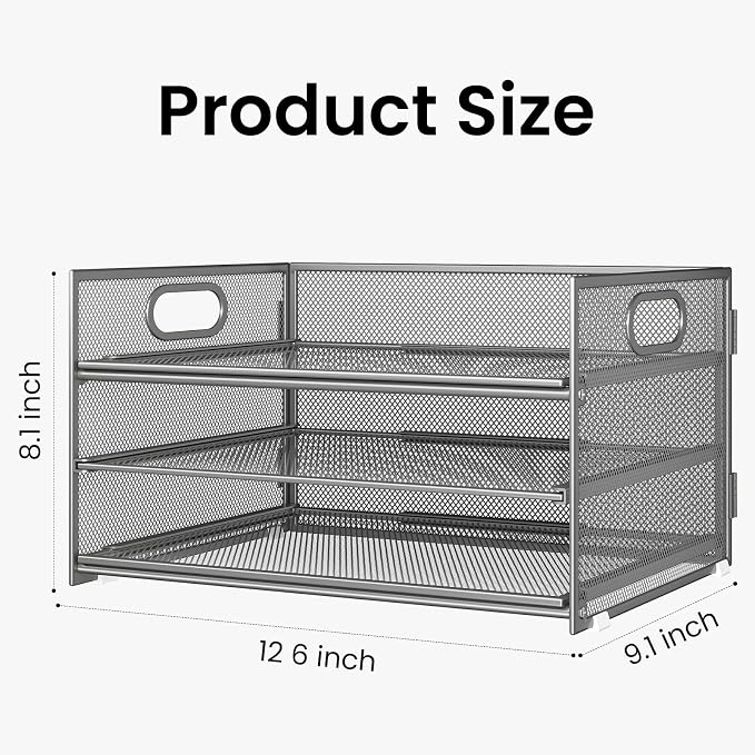 Subekyu 2-Pack 3-Tier Gray Metal Mesh Desk Paper Letter Tray & File Sorter Organizer with Handle + 1 Sliding Tray for Desk, Home, Office, School Supplies, A4 Paper and Accessories Storage - Image 3
