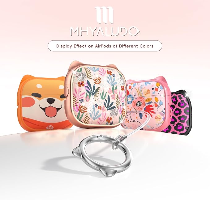 for AirPods 4 Case with Cleaning Kit, Cute Cat Ear Print Design & Cute Buckle, Inverted Phone Holder Design, Top Safe Lock Buckle Design, for Girls AirPods 4 case 2024, Rose Gold Leaves - Image 6