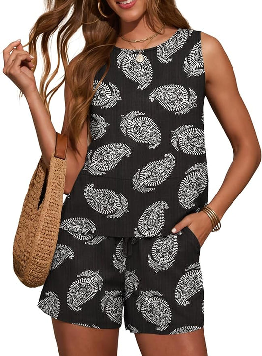LOMON Women's Trendy 2 Piece Outfits Shorts Sets Summer Crew Neck Sleeveless Tank Top and Bottom Matching with Pockets 2026 by LOMON