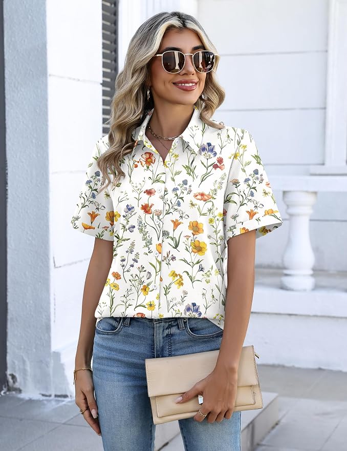 Zeagoo Button Down Shirts for Women Short Sleeve Collared Tops Dressy Casual V Neck Blouses - Image 2