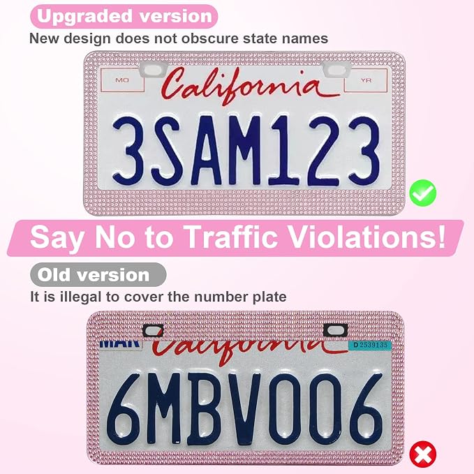 QUANQIUFEI 2 Pack Bling License Plate Frames for Women, Sparkly Rhinestone Diamond Car Accessories with Glitter Crystal Caps (Pink) - Image 2