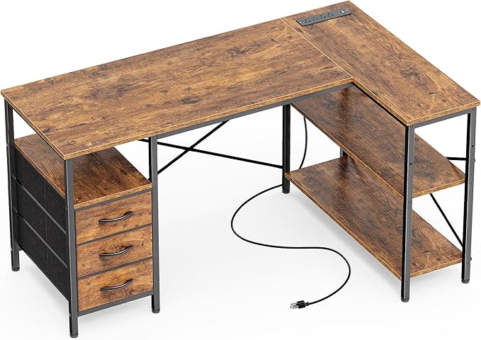 Huuger L Shaped Office Desk with Power Outlets, 47 Inch Computer Desk with 3 Drawers, Shelves, for Gaming, Corner Work, Home Office, Study, Rustic Brown by Huuger