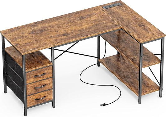Huuger L Shaped Office Desk with Power Outlets, 47 Inch Computer Desk with 3 Drawers, Shelves, for Gaming, Corner Work, Home Office, Study, Rustic Brown by Huuger