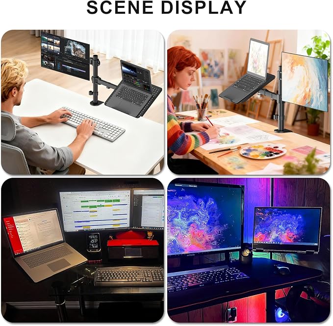 WALI Dual Arm Laptop and Monitor Desk Mount for 17" Notebook and Up to 27" Screen, Fully Adjustable Monitor Arm with Laptop Tray, VESA 75x75 100x100, Holds up to 22 lbs, Black (M001LP) - Image 3