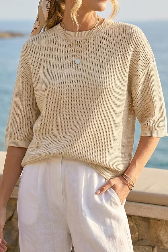 Arach&Cloz Womens Summer 100% Cotton Oversized Crochet Tops 3/4 Length Sleeve Sweater Hollow Out Casual Blouses 2026 - Image 2