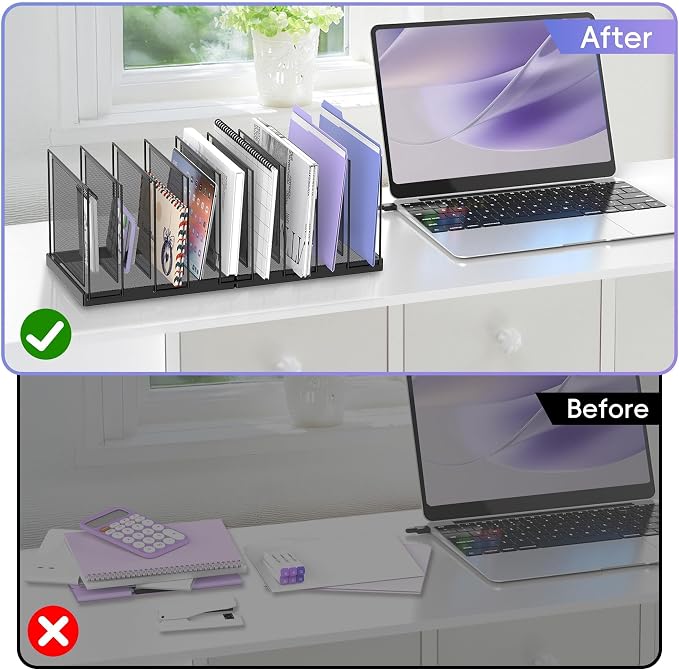 9-Section Desk File Organizer, Vertical File Holder, Mesh Desktop File Folder Metal File Organizer Stand for Office Home Classroom, Black, 2 Pack - Image 6