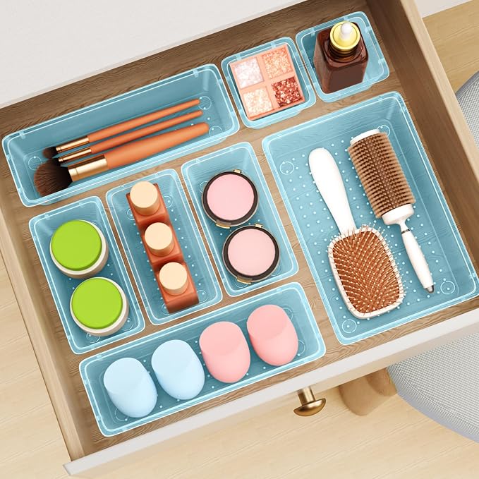 ElegantArray 12 PCS Drawer Organizer Set, Makeup Organizers, Sea Blue | 4 Sizes, Plastic, Stackable, Multiple Gadgets, Desk Drawer Divider Organizers, for Makeup, Office Supplies Storage - Image 8