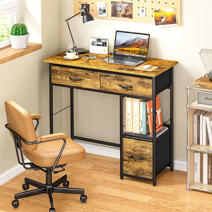 3IngSeagulls 33 Inch Small Computer Desk with Fabric Drawers, Home Office Desk with Storage Shelf, Compact Desks for Small Spaces, Teen Study Table for Bedroom, Rustic Brown - Image 8