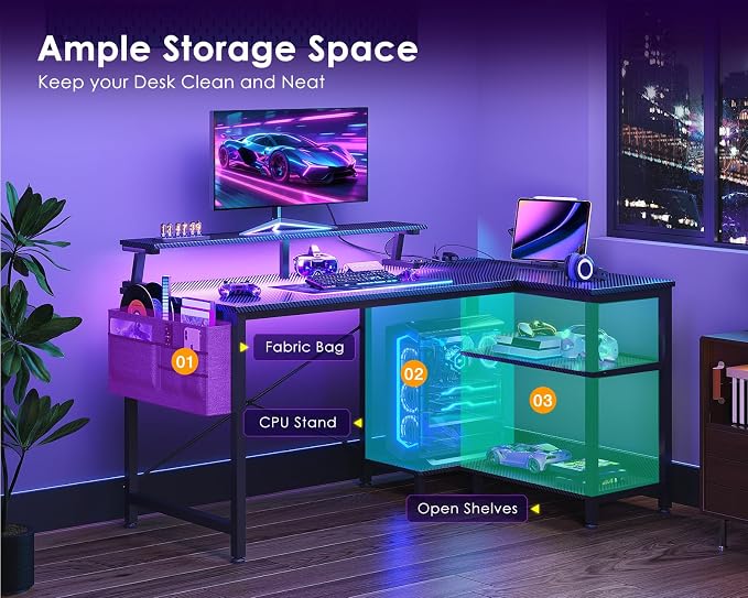 ODK 40 Inch L Shaped Gaming Desk with LED Lights, Power Outlets, Black | Adjustable Monitor Stand, Open Storage Shelves, Hanging Side Bag, PC Tower Stand, Reversible Layout for Gaming - Image 7