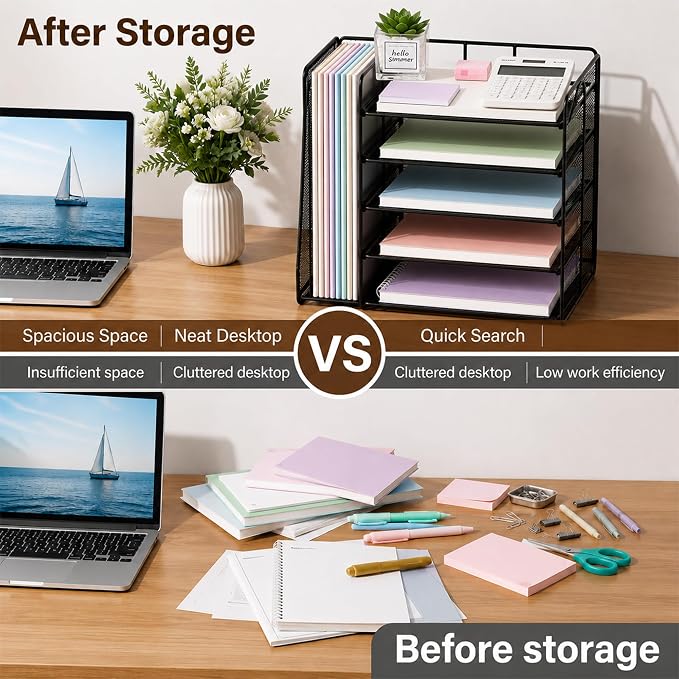 OPNICE Desk Organizers and Accessories, 5-Tier Paper Organizer Letter Tray with Magazine Holder, Office Desk Accessories & Workspace Organizers, Desktop File Organizer for Office Supplies, Black - Image 2
