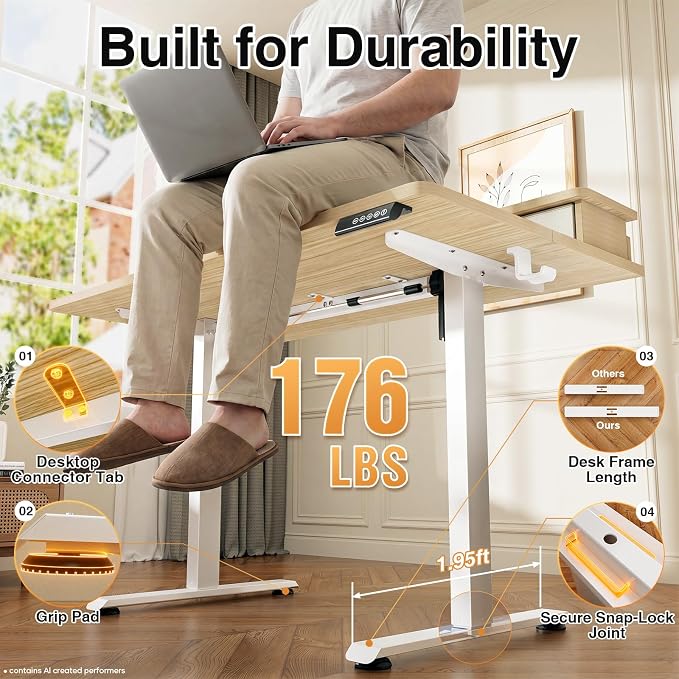Veken 47x28 in Electric Standing Desk with Drawers, Adjustable Table, Wood | Stand up Computer Desk for Home Office, Work & Study, with Storage, 3 Memory Presets, Cable Organizer, Hook, and Quiet Lift. - Image 6