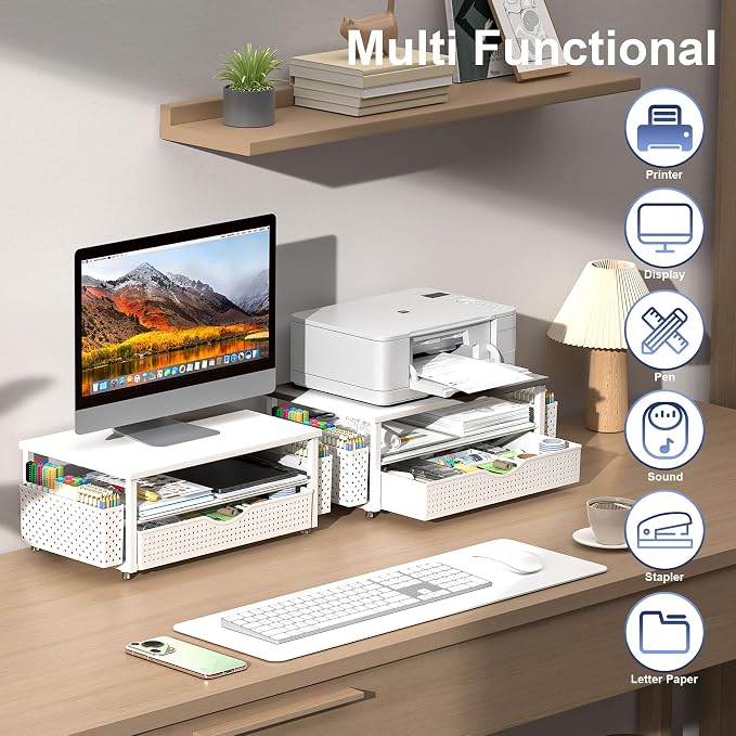 Spacrea Desk Organizer and Accessories, Computer Monitor Stand Riser with Drawer and 2 Pen Holders, Office Desk Accessories & Workspace Organizers for Office Supplies (White) - Image 5