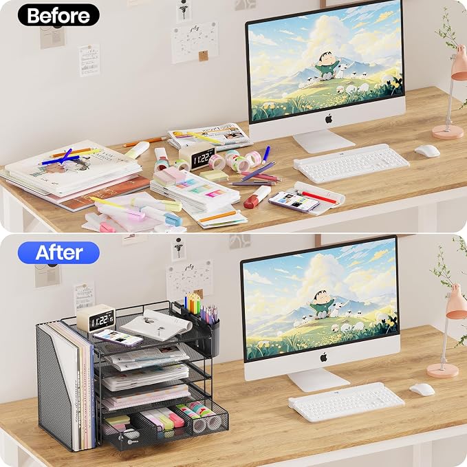 OPNICE Desk Organizer, 5-Tier Desktop File Organizer with Drawer and Pen Holders, Office Desk Accessories, File Sorters, Workspace Organizers for Office Supplies(Black) - Image 5
