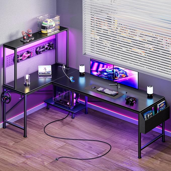 PRAISUN L Shaped Gaming Desk with LED Lights & Power Outlets, Reversible Computer Desk with Storage Shelves & Bag, Large Corner Home Office Desk with Pegboard for Work from Home, Black by PRAISUN