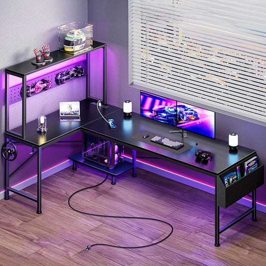 PRAISUN L Shaped Gaming Desk with LED Lights & Power Outlets, Reversible Computer Desk with Storage Shelves & Bag, Large Corner Home Office Desk with Pegboard for Work from Home, Black by PRAISUN