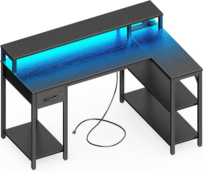 SUPERJARE 47 inch L Shaped Gaming Desk with LED Lights & Power Outlets, Reversible Computer Desk with Shelves & Monitor Stand, Corner Desk with Drawer, for Home & Office, Black by SUPERJARE