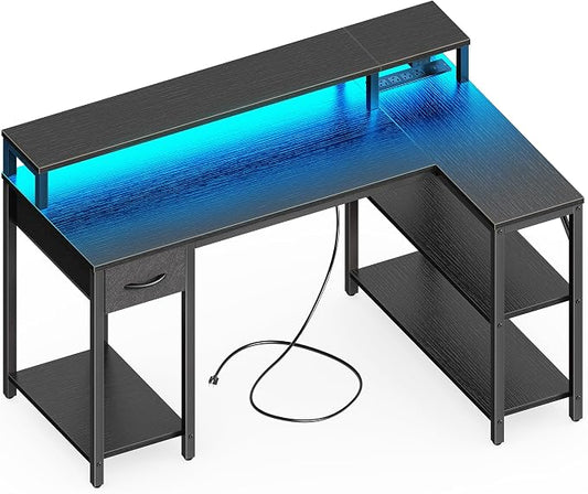 SUPERJARE 47 inch L Shaped Gaming Desk with LED Lights & Power Outlets, Reversible Computer Desk with Shelves & Monitor Stand, Corner Desk with Drawer, for Home & Office, Black by SUPERJARE
