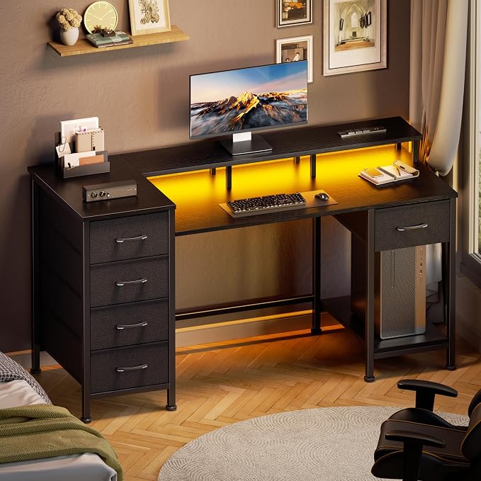 Korfile 47 Inch Gaming Desk with Power Outlets and LED Lights, Reversible Computer Desk with 5 Fabric Storage Drawers, Home Office Desk with Monitor Stand for Working Writing Study, Black | Gaming desk with power outlets &LED lights,reversible design w... - Image 7