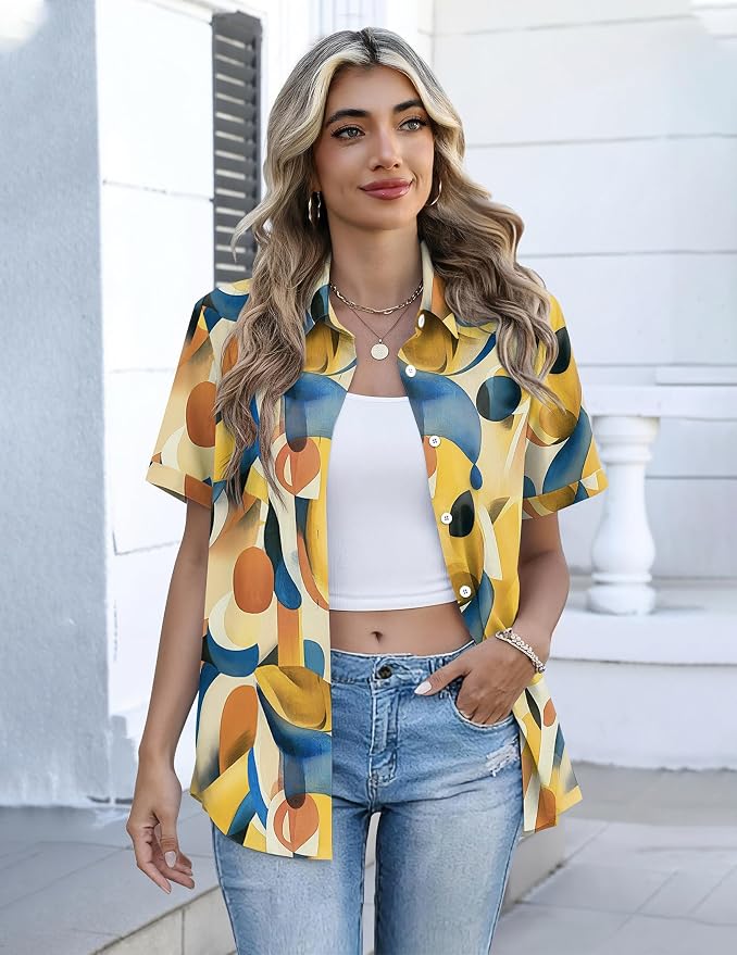 Zeagoo Button Down Shirts for Women Short Sleeve Collared Tops Dressy Casual V Neck Blouses - Image 3