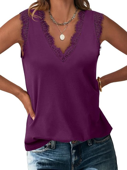 ANRABESS Womens Lace Trim Tank Tops V Neck Sleeveless Shirts 2026 Summer Casual Trendy Dressy Cami Top by ANRABESS