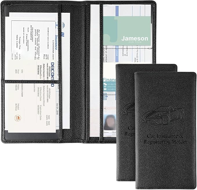 JUSTTOP 2Pack Car Registration and Insurance Holder,Car Document Holder for Cards License with Magnetic Shut,Vehicle Glove Box Car Organizer for Documents, Cards, License(Embossed leather Black) by JUSTTOP
