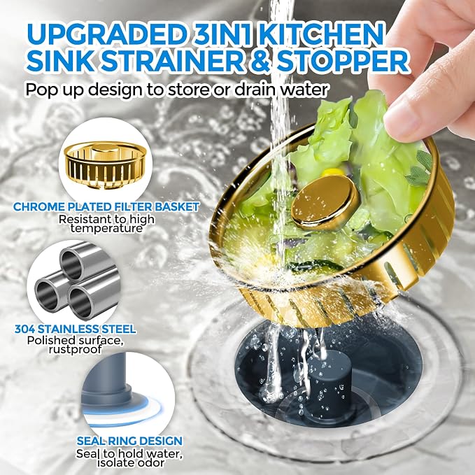 zaa 3 in 1 Kitchen Sink Drain Strainer Stopper Removable Basket Pop-Up | Kitchen Sink Accessories 1 Pack Gold Stainless - Food Catcher, Odor-Blocking Seal, Fits 3.5" Drain - Image 2