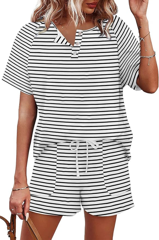 WIHOLL Two Piece Outfits for Women Lounge Sets Button Down Top and Shorts Set Sweatsuits with Pockets by WIHOLL