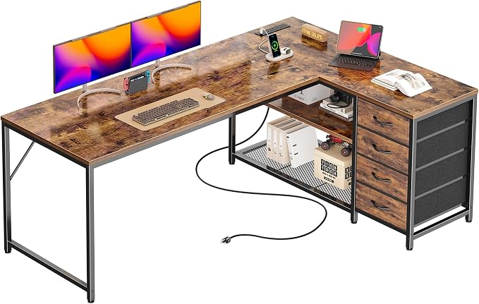 PRAISUN 61" L Shaped Desk with Power Outlets & USB-C Port, Reversible Computer Corner Office Desk with 4 Fabric Drawers and 2 Storage Shelves, Large Desk for Gaming Writing Study, Rustic Brown by PRAISUN