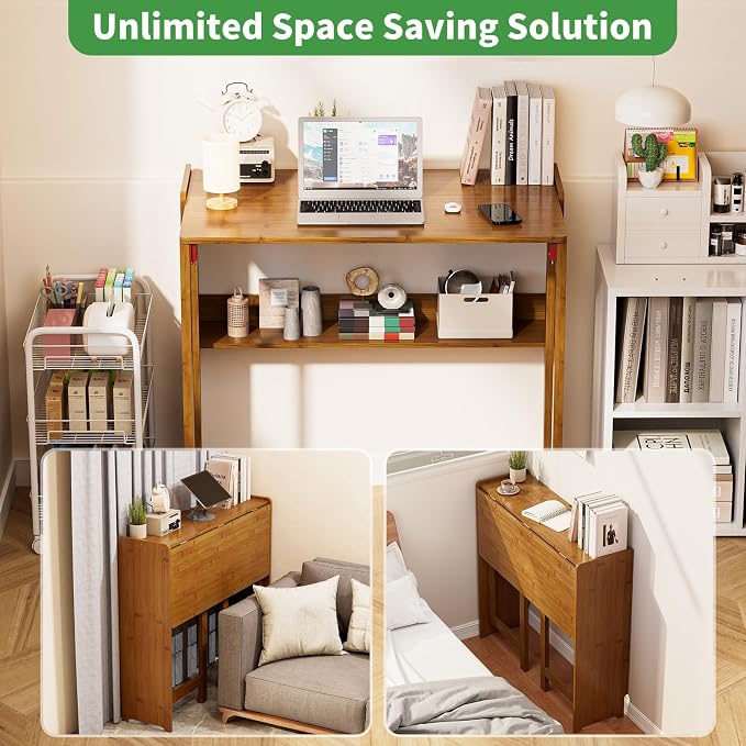 Folding Desk for Small Spaces, Bamboo Foldable Desk with Storage, Brown | Small Computer Desk with Bookshelf, Mid Century, Fold Out，Compact Size, for Bedroom, Living Room, Apartment, Home Office - Image 7