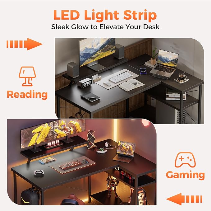 Mericonia 40 in Corner Desk with Monitor Stand, Small L Shaped Gaming Desk | Reversible Computer Desk with Power Outlets, LED Light & Storage Shelves, Office Table for Home Bedroom Study Work Writing - Image 8