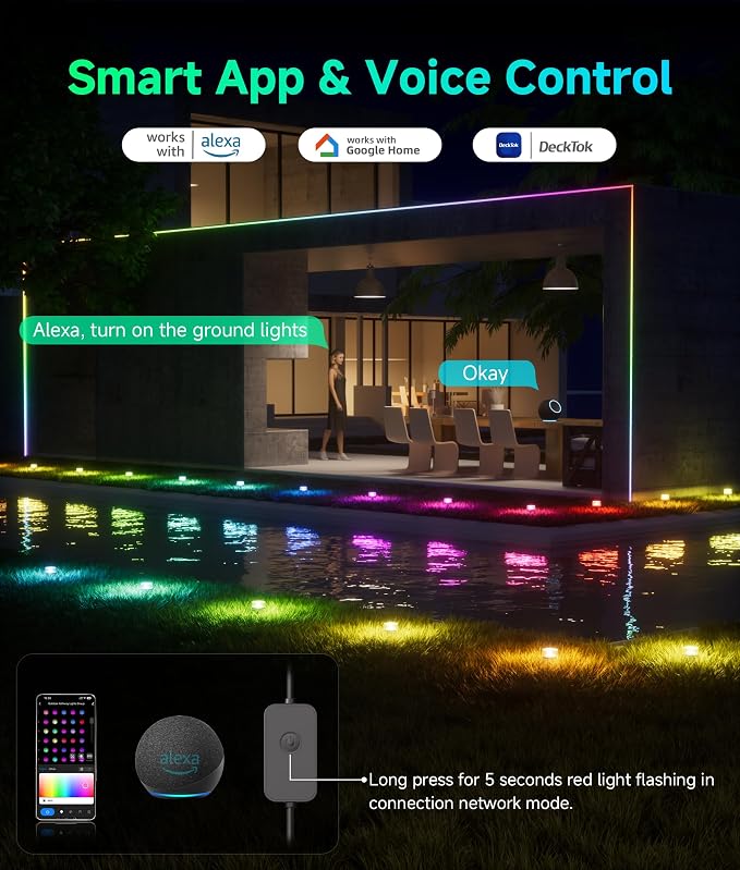 DeckTok 50ft Smart RGBCW LED Outdoor Ground Lights IP67 Waterproof 15 Pack | 100LM Pathway Lights Work with Alexa Google Assistant, Landscape Lighting for Path Yard Lawn Patio Pool Fence & Party Decor - Image 4