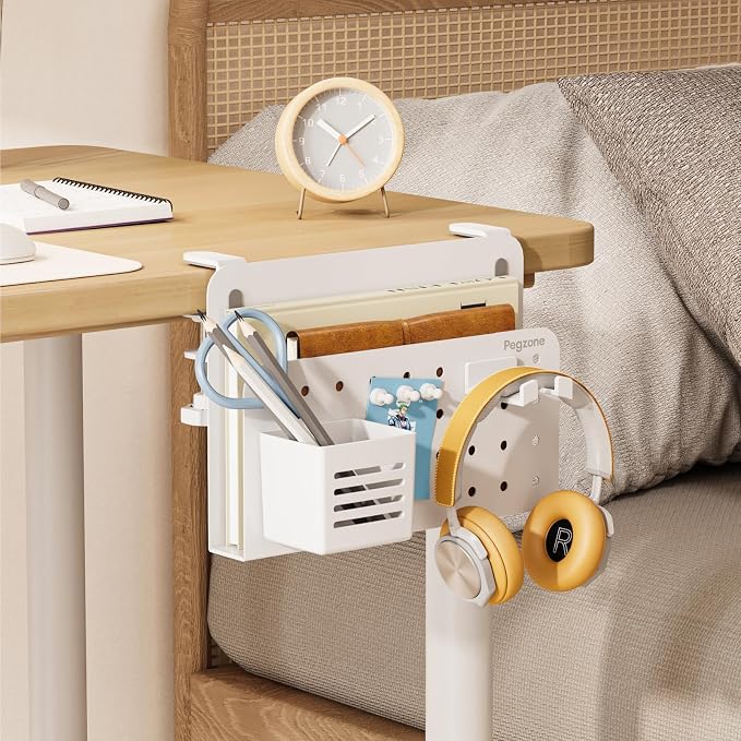 PEGZONE Desk Side Storage Organizer, Fits Flat Edge 0.4" to 2.2", White | No Drill Under Desk Laptop Holder, Clamp on Desks Shelf with Pegboard Accessories, Hanging Laptop Mount - Image 9