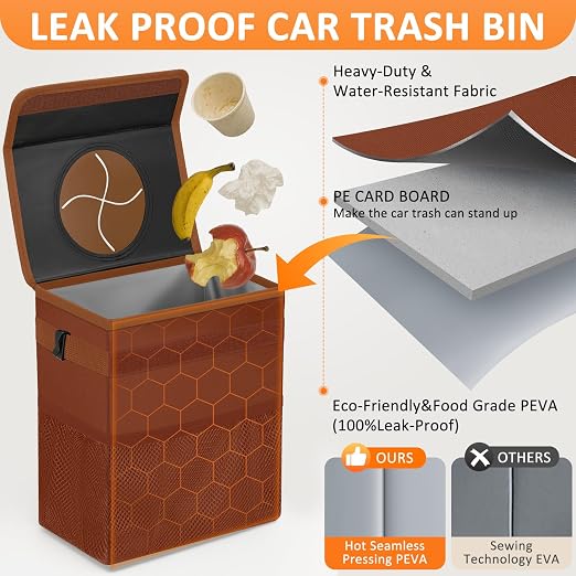 Vankor Car Trash Can, Brown, 2.2 Gallons Capacity, Waterproof, Polyester Material, Adjustable Strap, Hanging Design, Leakproof Lining, 100% PEVA Thickness - Image 3