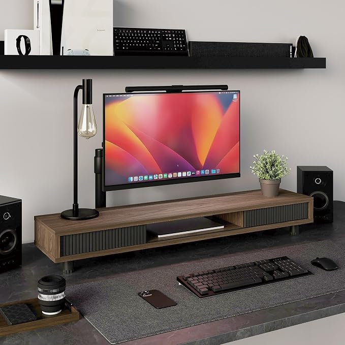 Fenge Dual Monitor Stand, 42.5inch Long Monitor Stands Riser for 2 Monitors, Glass Sliding Door with Storage Organizer Stand for Desk, 2 Tier Desk Shelf for Laptop, Pc, Printer, Computer, TV - Image 2