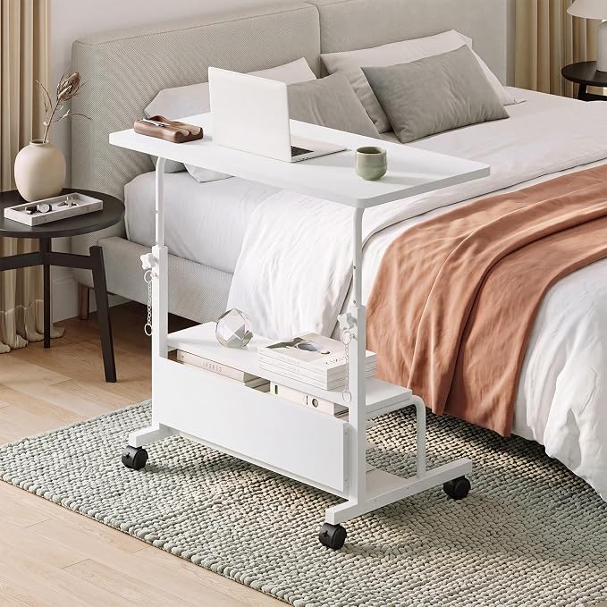 OLIXIS Rolling Desk, Storage Shelves, Laptop Table, Home Office | Height Adjustable Design, Computer Desks on Wheels, Portable for Small Spaces Use, White - Image 7