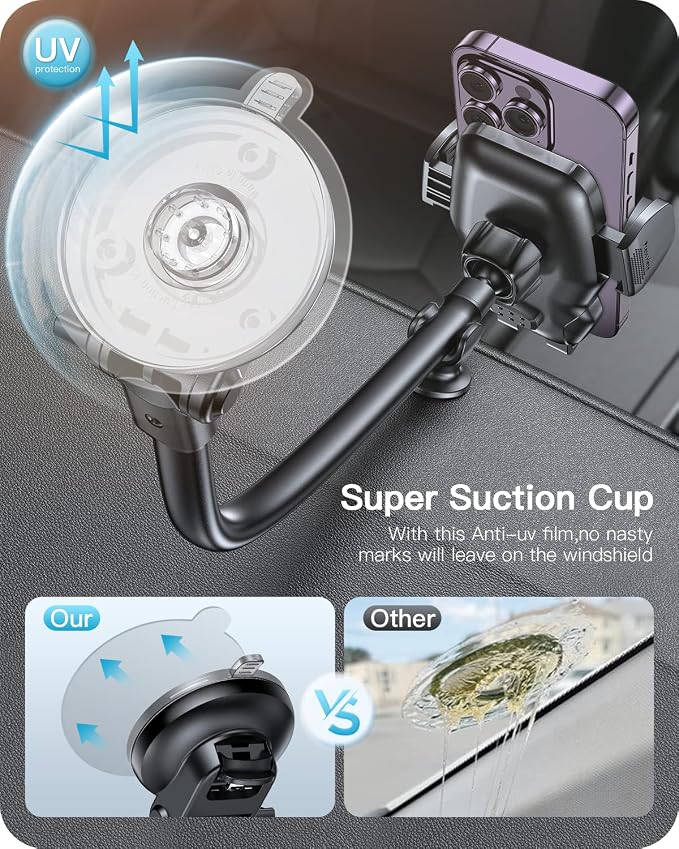 APPS2Car 13" Gooseneck Phone Mount for Car Windshield Dashboard Vent, Cell Phone Holder for Car Truck with Strong Suction Cup, Anti-Shake Stabilizer, One-Hand Operation, Fits Most Smartphones - Image 5