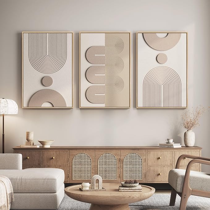Large 3D Textured Framed Boho Neutral Abstract Wall Art for Living Room, 3 Piece Modern Paintings Artwork for Walls, Minimalist Beige White Geometric Pictures for Bedroom Hallway Office Wall Decor 24x36 In - Image 2