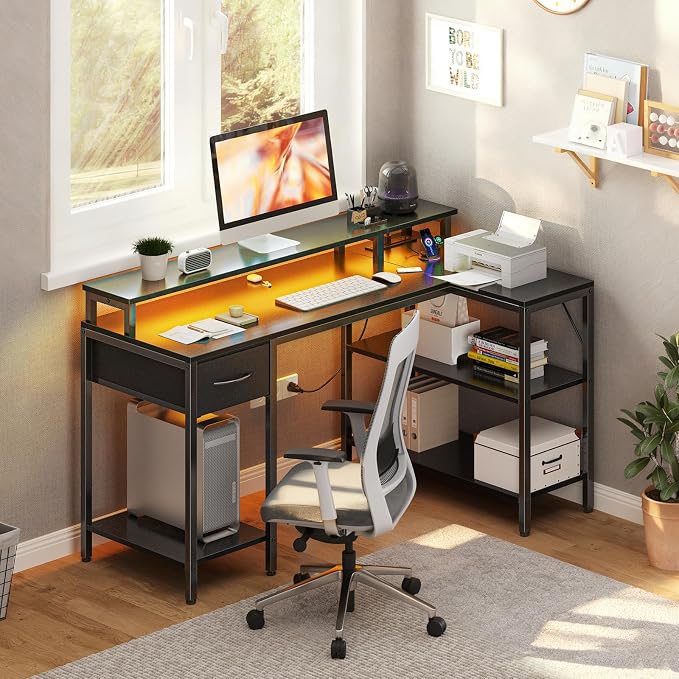 DUMOS Gaming Desk, Monitor Stand, LED Lights, Storage Shelves | USB Charging Ports, Power Outlets, Reversible L Shaped Corner, Small Spaces, Black - Image 8