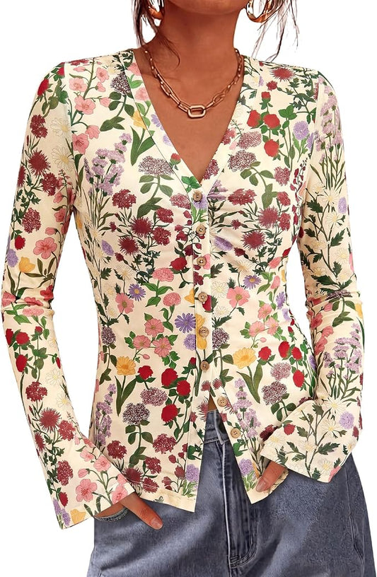 BTFBM Button Down Shirts for Women 2026 Fall Boho Tops V Neck Long Sleeve Blouses Ruched Mesh Fitted Fashion Clothing by BTFBM