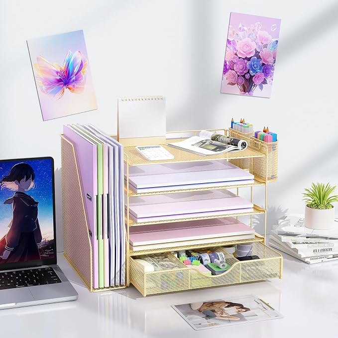 gianotter 5-Tier Desk Organizer with Drawers and File Holders | Letter Trays and Pen Holders - Workspace Accessories for Office Supplies (Gold) - Image 6
