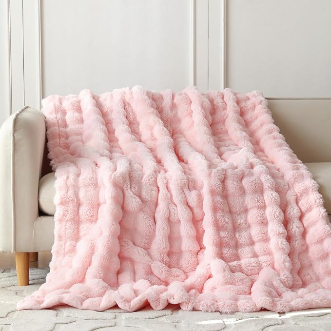COOVA Faux Fur Throw Blanket for Couch, Cozy Soft and Fuzzy Plush Rabbit Fur Bubble Blanket for Sofa Bedroom Living Room, 60x80 Inches Light Pink - Image 2