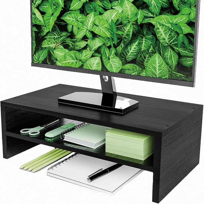 Simpple Trending Monitor Stand Riser, 2 Tier Wood Office Desk Storage Organizer for Laptop, Computer, Black by SimpleTrending