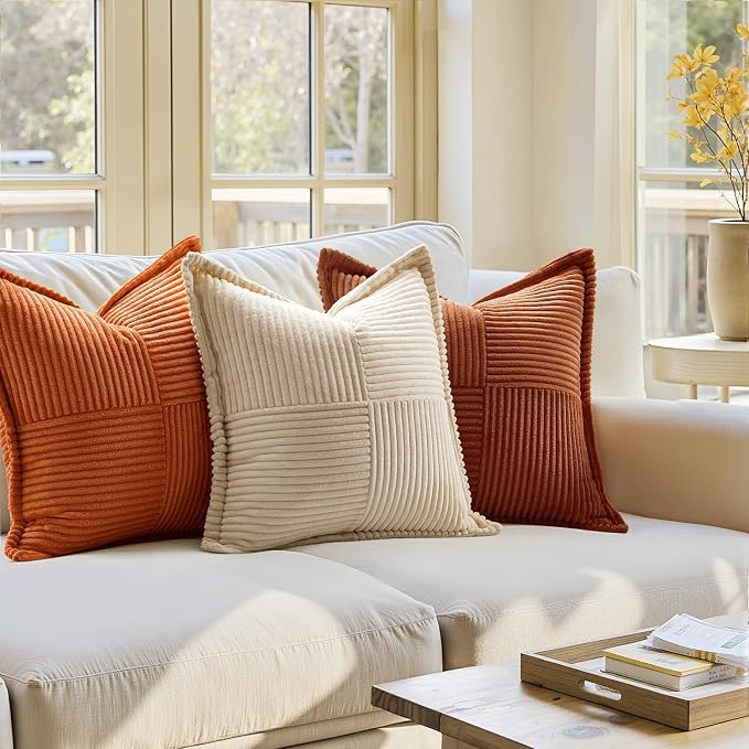 MIULEE Fall Dark Rust Decorative Euro Sham Throw Pillow Covers for Couch Bed Livingroom 24x24 Inch Set of 2 Boho Accent Throw Pllows Broadside Striped Patchwork Soft Corduroy Pillowcases, Terracotta - Image 7