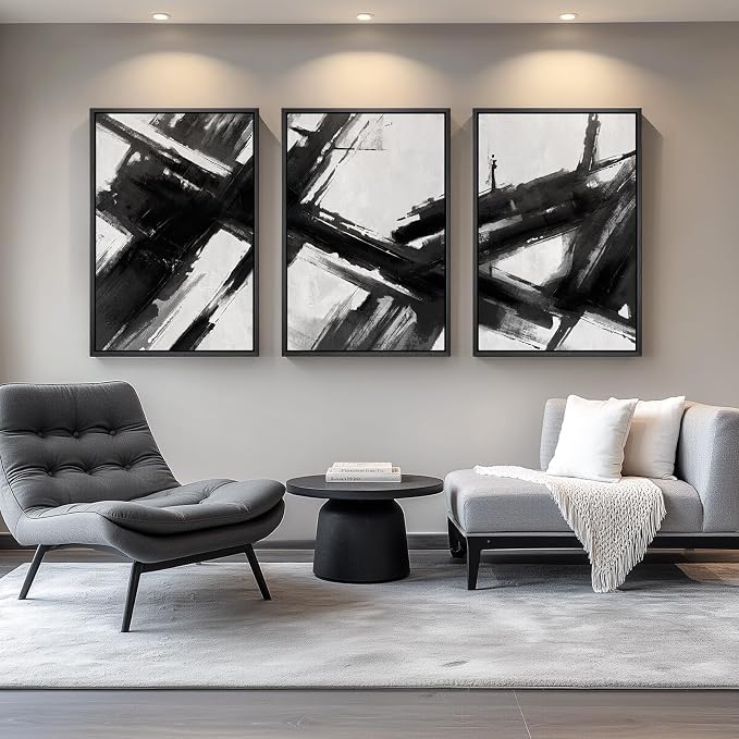 Large Framed Black and White Abstract Canvas Wall Art for Living Room, 3 Piece Modern Prints Paintings Artwork for Walls, Minimalist Abstract Brushstroke Pictures for Hallway Dining Office Wall Decor 24x36 Inch - Image 8